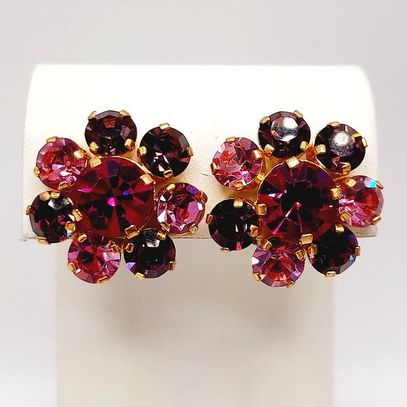Vintage Made in Austria Pink Rhinestone Earrings Clip On Mid Century Jewelry - Picture 3 of 10